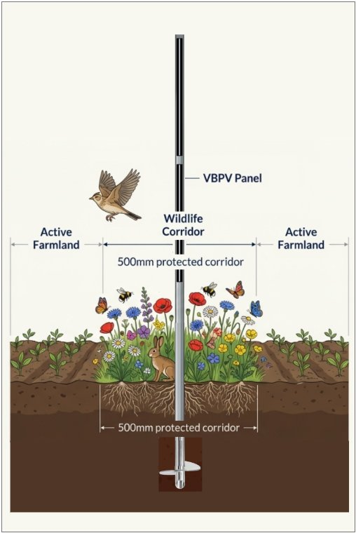 Diagram showing 500mm wildlife corridor beneath VBPV panel with wildflowers, bees, butterflies and rabbit — active farmland on both sides